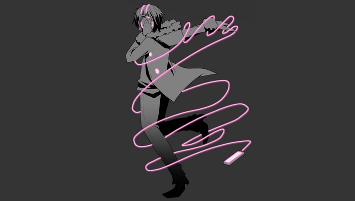 Izaya Orihara with pink glowing headphones and phone