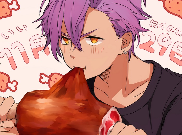 Adonis Otogari from Ensemble Stars eating a giant chicken leg