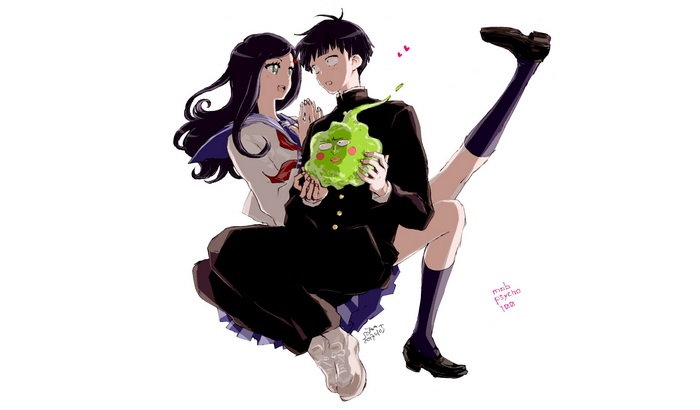 Shigeo Kageyama and Tsubomi Takane with Ekubo from Mob Psycho 100