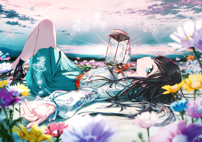 Girl in Flower Field Holding Lantern with Blue Eyes and Black Hair 4K