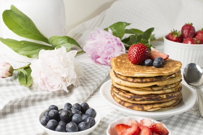 Pancakes with Strawberries and Blueberries, Still Life