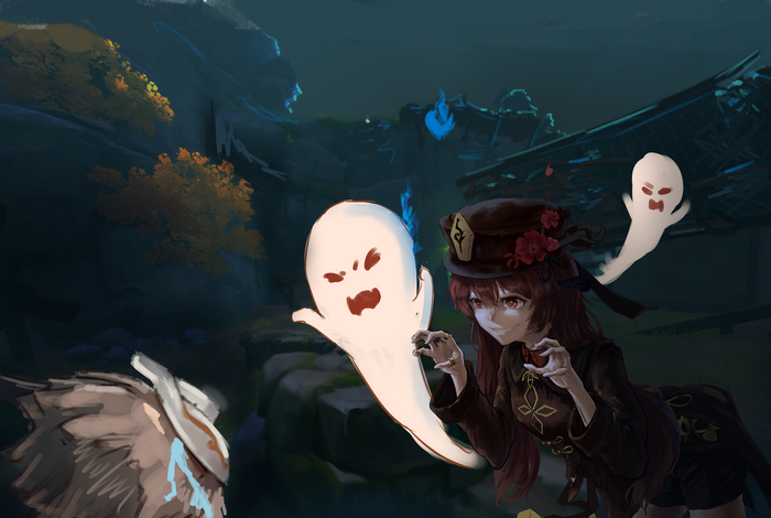 Hu Tao from Genshin Impact with ghosts
