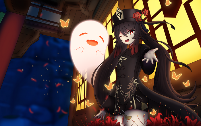 Hu Tao from Genshin Impact with a ghost and butterflies