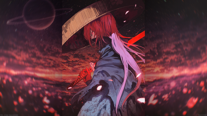 Anime Samurai with Red Hair and Katana in Space