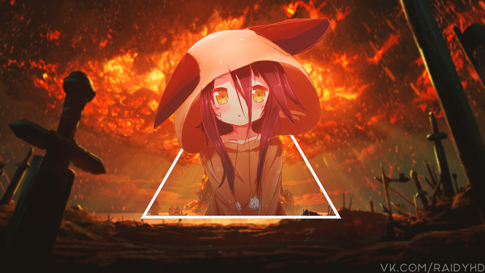 Shiro from No Game No Life in a fiery landscape