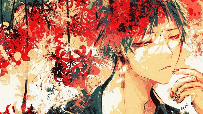 Anime boy with red flowers