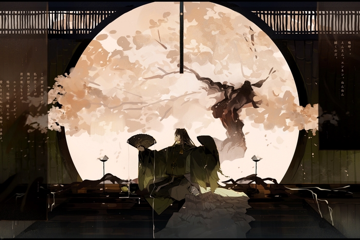 Man in Kimono with Fan under Cherry Blossoms