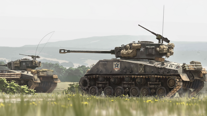 Two Sherman tanks in a grassy field