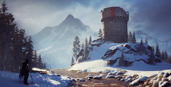 A lone figure with a sword stands in a snowy landscape near a castle.
