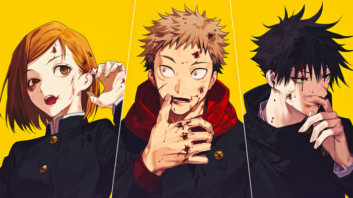Yuji Itadori, Megumi Fushiguro, and Nobara Kugisaki from Jujutsu Kaisen