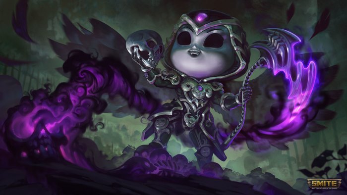 Chibi Thanatos from Smite holding a skull