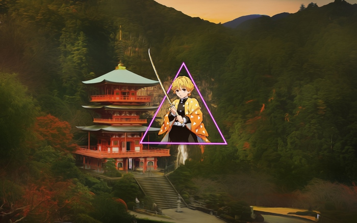 Zenitsu Agatsuma in front of a Japanese temple