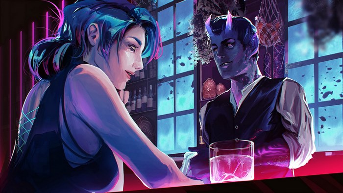 Woman and demon at a bar