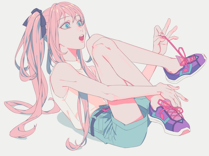 Girl with pink pigtails tying shoelaces