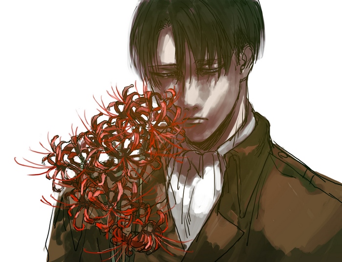 Levi Ackerman from Attack on Titan holding red spider lilies