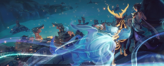 Xiao from Genshin Impact with a spirit deer