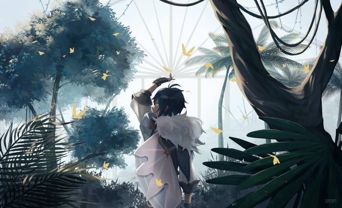 Kaeya from Genshin Impact in a greenhouse