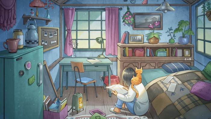 Cozy Bedroom with Girl and Cat
