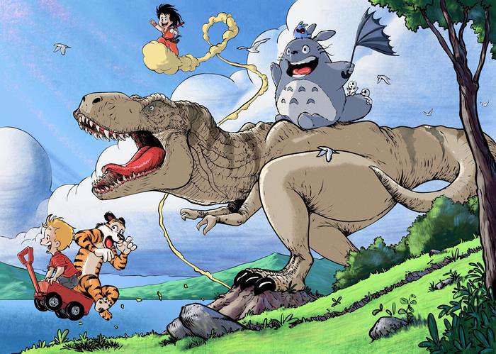 Goku, Totoro, and Calvin and Hobbes ride a T-Rex