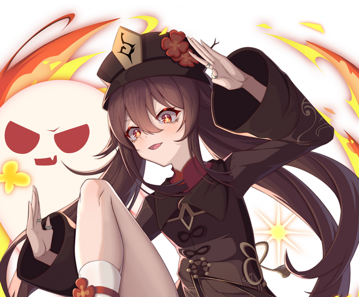 Hu Tao from Genshin Impact with a ghost companion