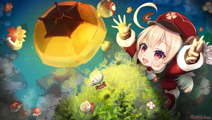 Klee from Genshin Impact with floating lanterns