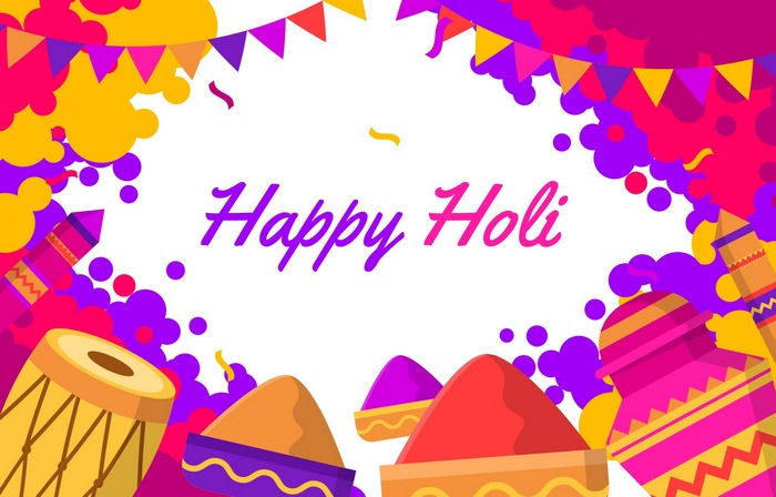 Happy Holi colorful celebration with drums and powders