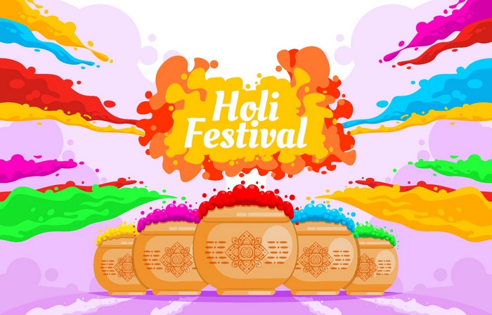 Holi Festival colorful powder pots illustration