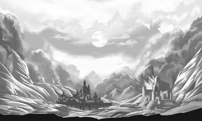 Fantasy landscape with castles and mountains
