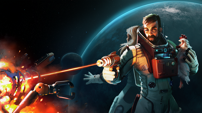 Man and Woman in Space Suits with Chicken