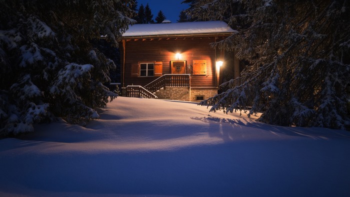 Wooden house in snowy forest at night