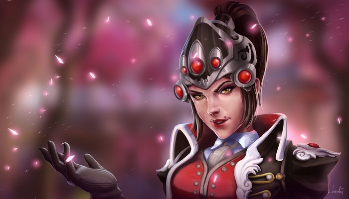 Widowmaker from Overwatch with pink petals