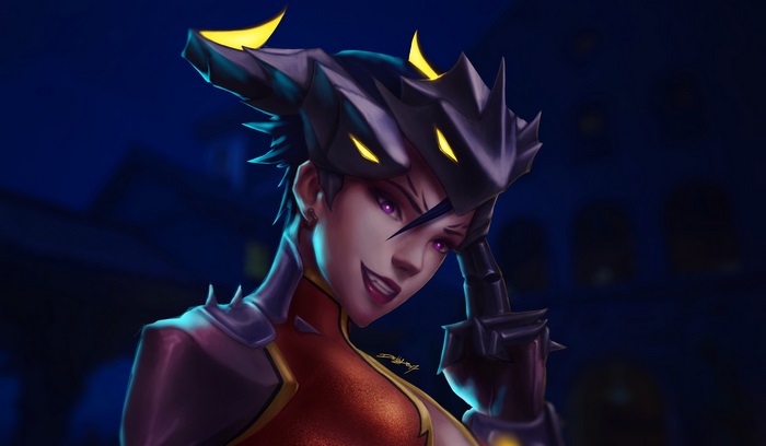 Widowmaker from Overwatch with dragon-themed helmet