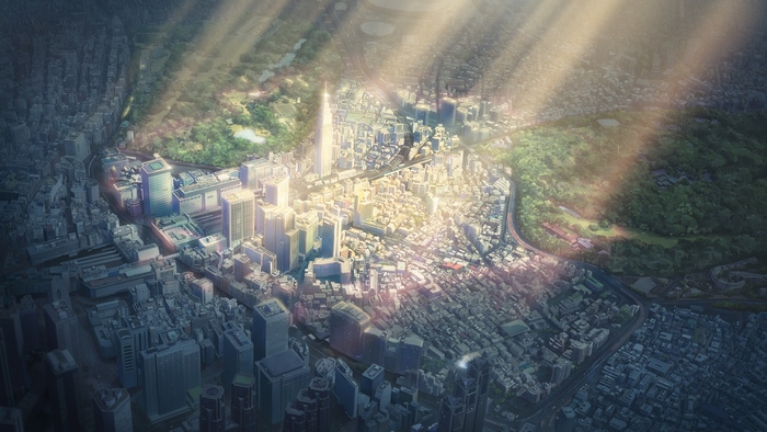 Sunlight over Tokyo cityscape and park