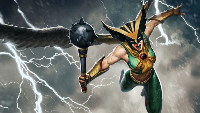 Hawkgirl Soaring Through Stormy Skies