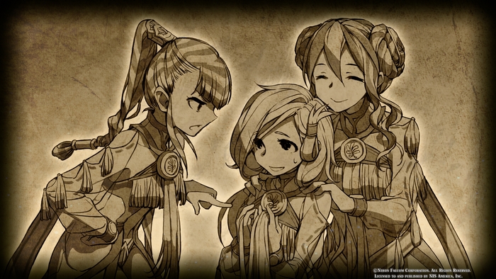 Three anime girls in ornate uniforms from Ys VIII