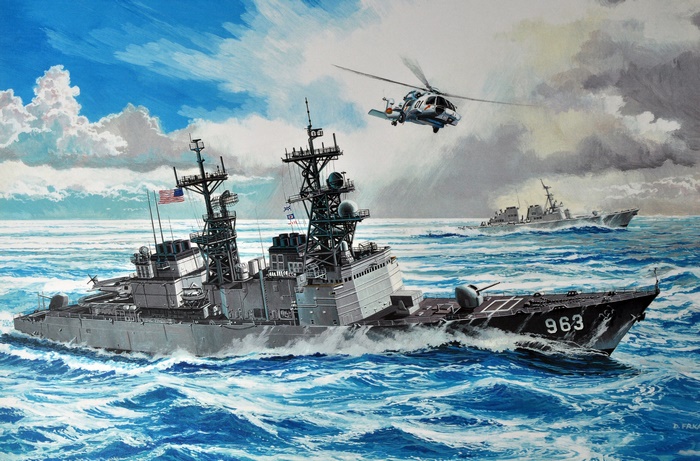 US Navy Destroyer USS Spruance (DDG-111) and Helicopter