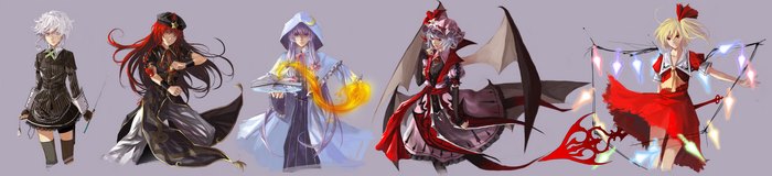 Touhou characters: Patchouli Knowledge, Hong Meiling, Remilia Scarlet, Flandre Scarlet, Sakuya Izayoi