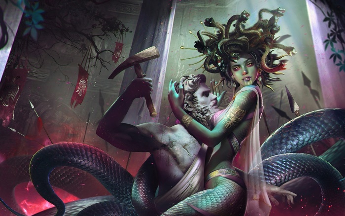 Medusa holding a statue head and a hammer