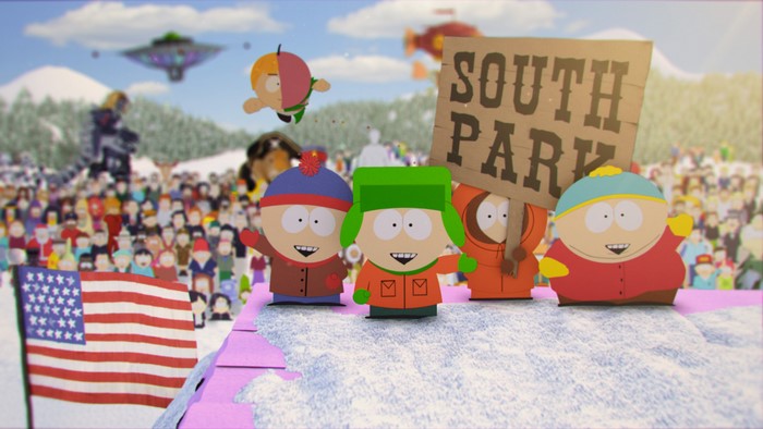 South Park characters with American flag and UFOs