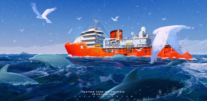 Ship with Dolphins and Seagulls in the Ocean