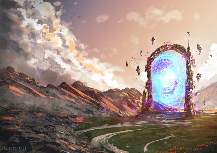 Fantasy portal in a mountain landscape at sunset