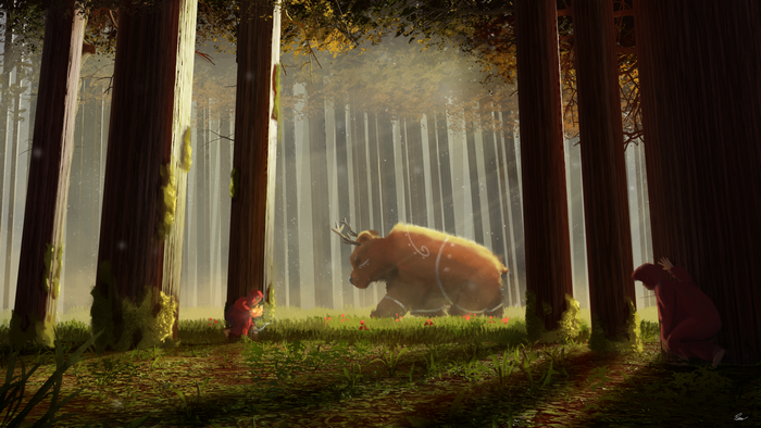 Bear hunt in a redwood forest