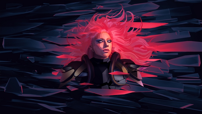 Lady Gaga with pink hair emerging from shattered shards