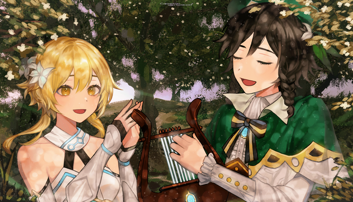 Lumine and Venti from Genshin Impact playing a lyre