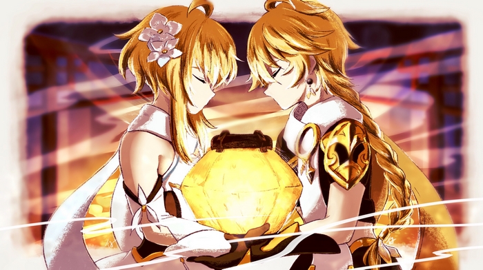 Lumine and Aether from Genshin Impact holding a lantern