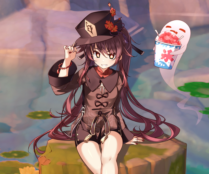 Hu Tao from Genshin Impact with a ghost holding shaved ice
