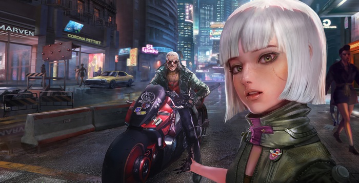 Cyberpunk girl and man on motorcycle in futuristic city