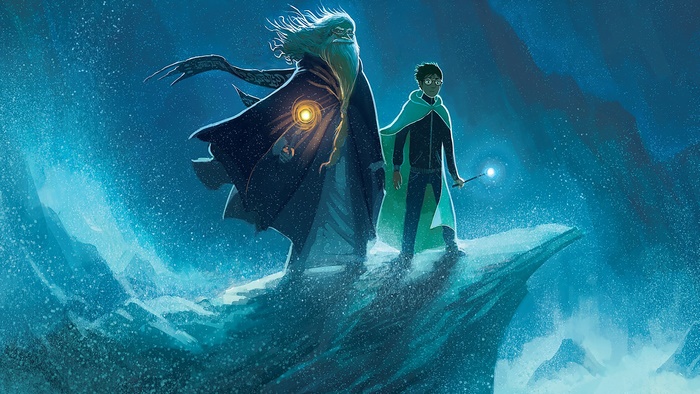 Albus Dumbledore and Harry Potter in a snowy landscape