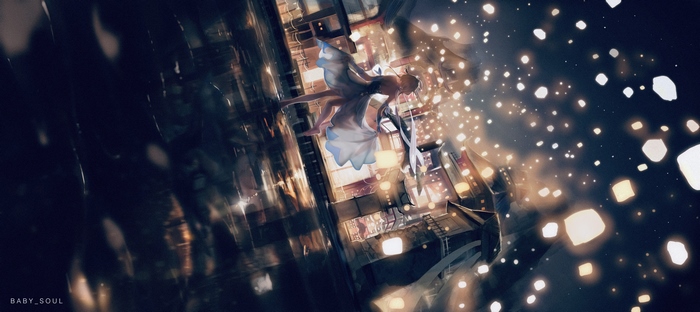 Lumine from Genshin Impact falling among lanterns