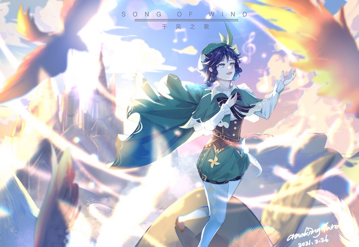 Venti from Genshin Impact singing with birds
